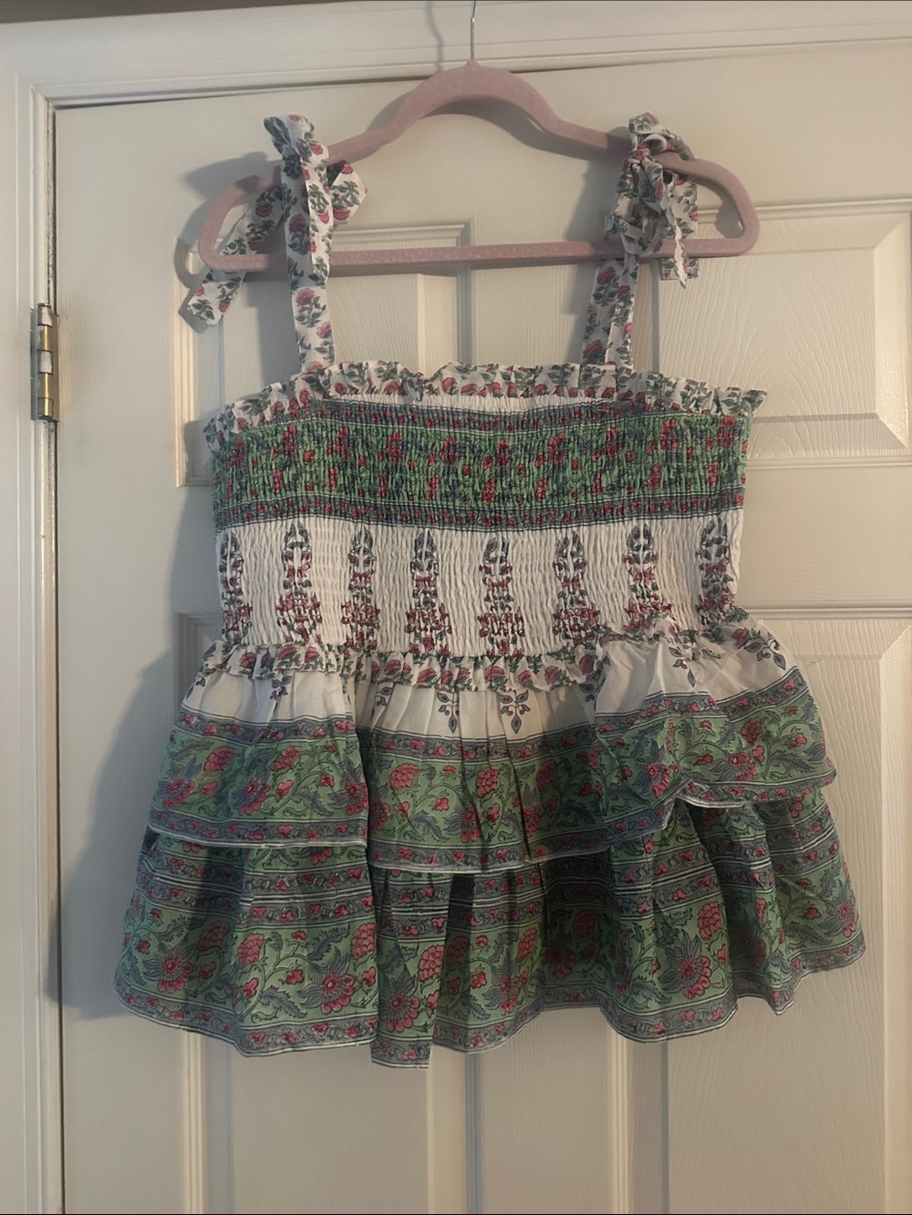 POL Floral Smocked Tie-Strap Tank Top in Green, White & Pink